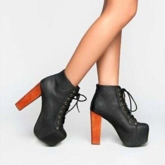 Jeffrey Campbell black leather lita Lolita platform ankle boots wood heel - Picture 1 of 14